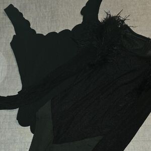 Black Sleeveless Scalloped And Sheer L/S with Feather Detail